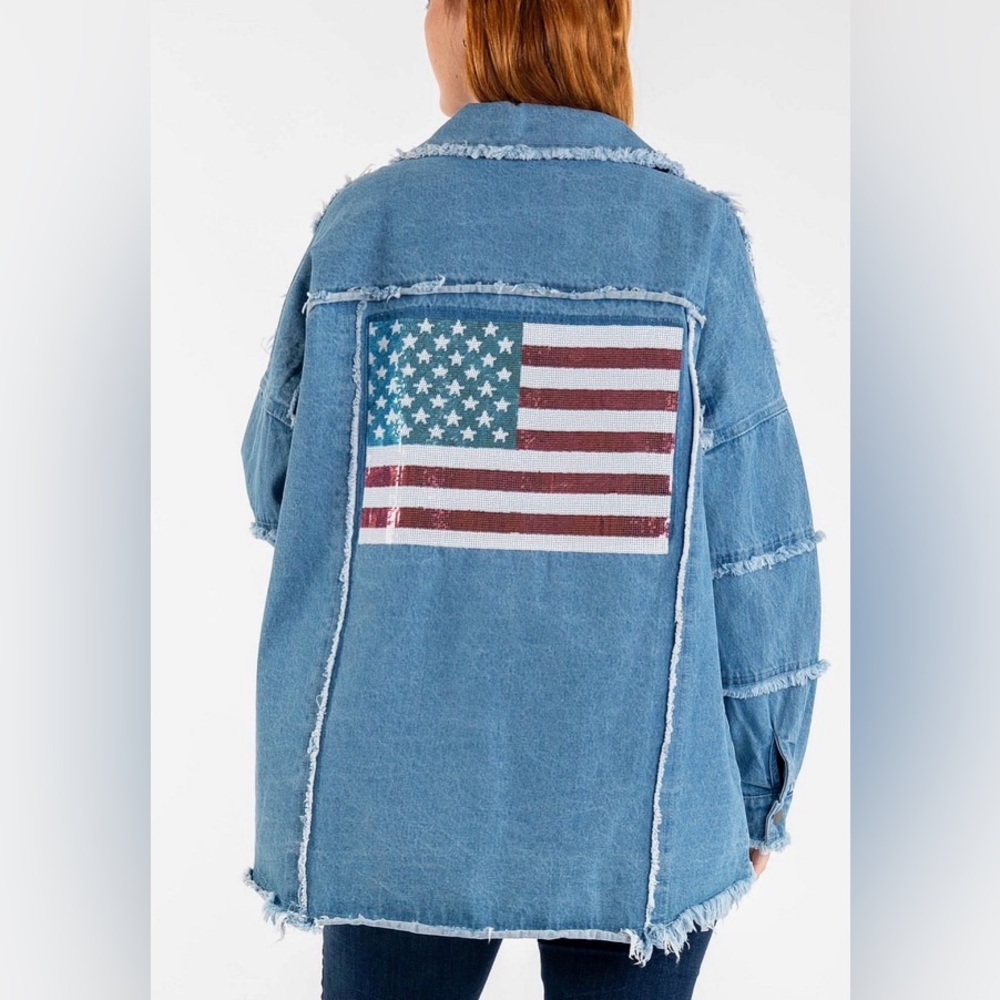 Blue Velvet Sequin American Flag Shacket or Jacket with raw edges.